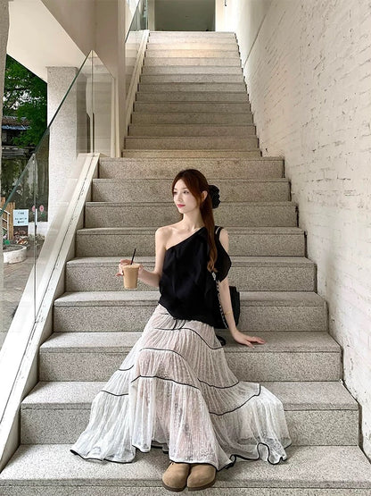 White Laces Black Ribbon Long Skirt SK31