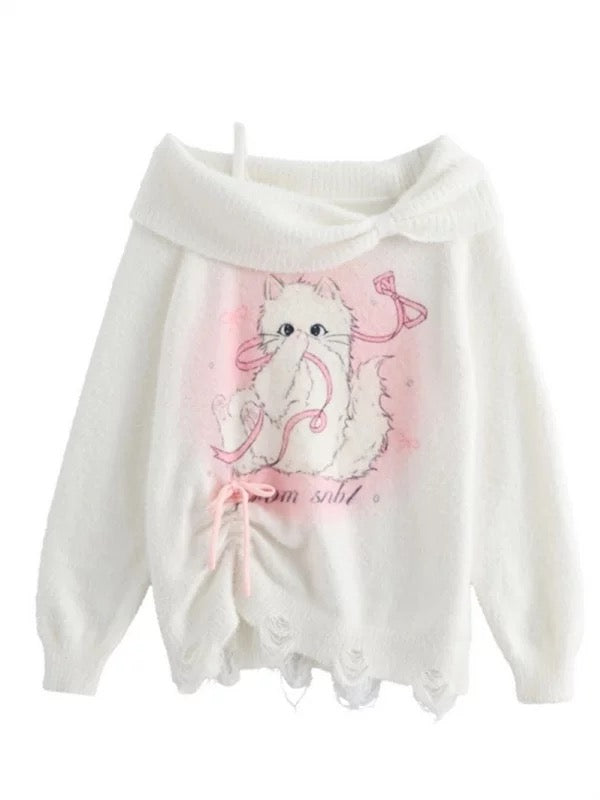 Off Shoulder White Pink Kitty Knitted Top