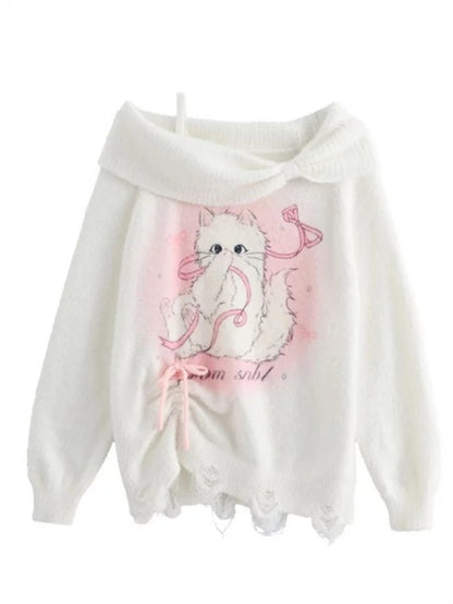 Off Shoulder White Pink Kitty Knitted Top