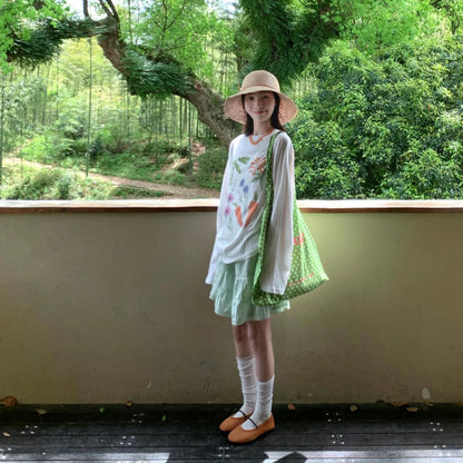 White Top + Green Skirt Two Piece Set