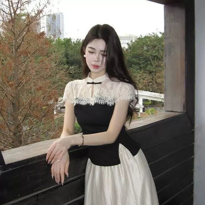 White Collar Black Cheongsam Top