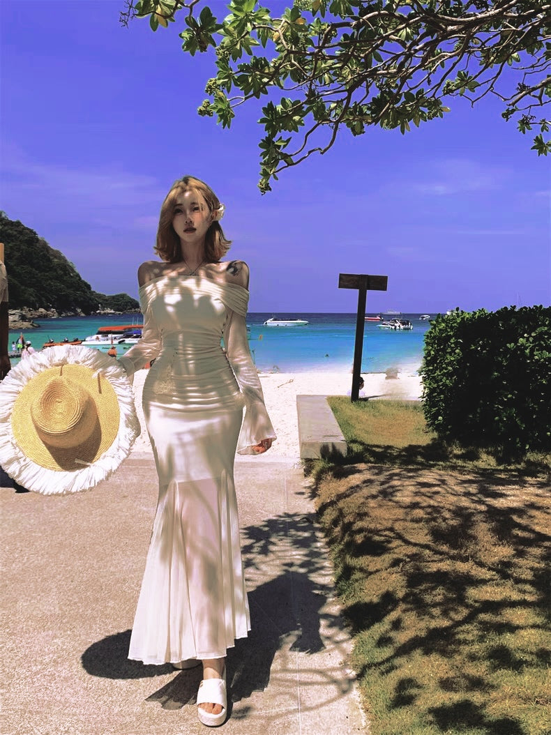 Beige Off Shoulder Mesh Dress