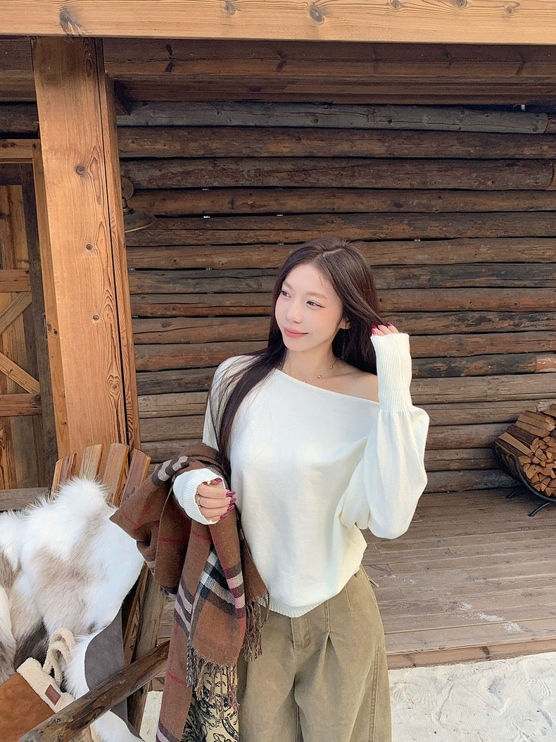 Off Side Shoulder Long Sleeve Knitted Top (Cream)