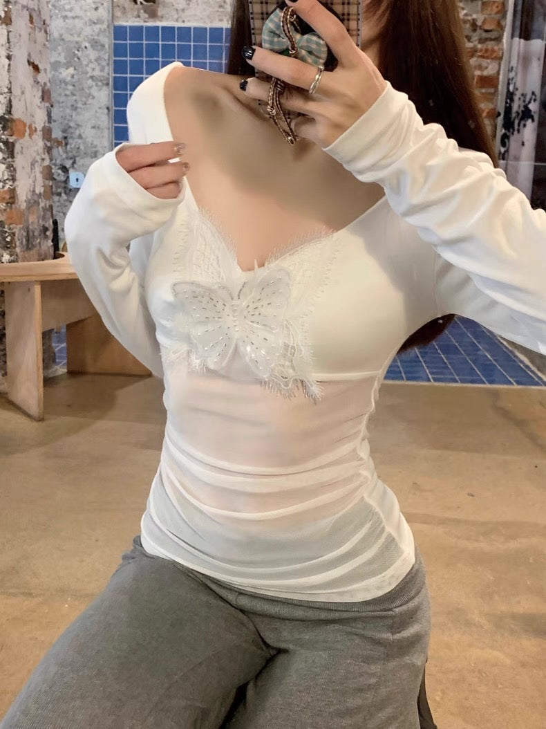 White Butterfly Mesh Long Sleeve Top