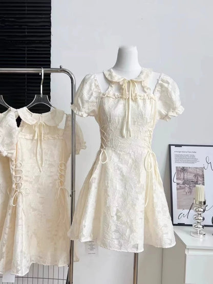 Collar Puff Sleeve Cream Cheongsam CD006 Short Dress