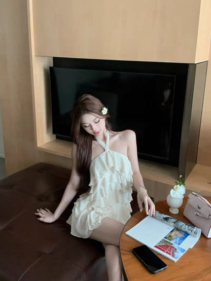 Beige Flo Bareback Layered Dress
