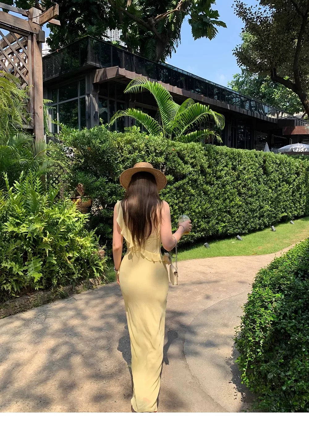 Side Flare Strap Mix Lace Long Dress (Yellow, Black)