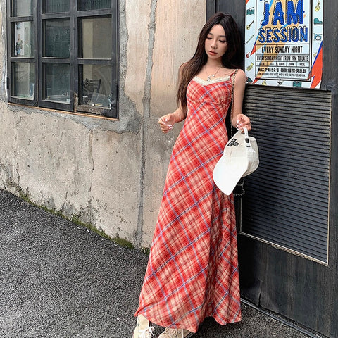 Red Grid Long Dress (S, M)