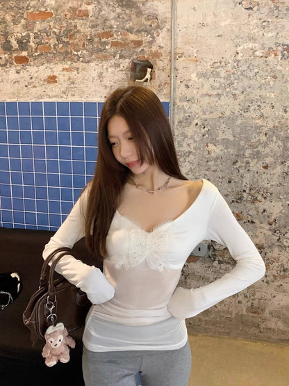 White Butterfly Mesh Long Sleeve Top