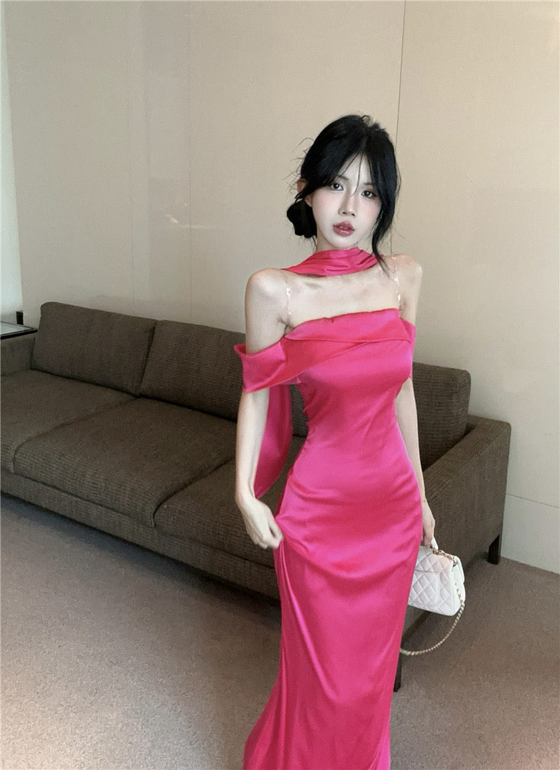 Silky Pink Tube Long Dress (S, M)