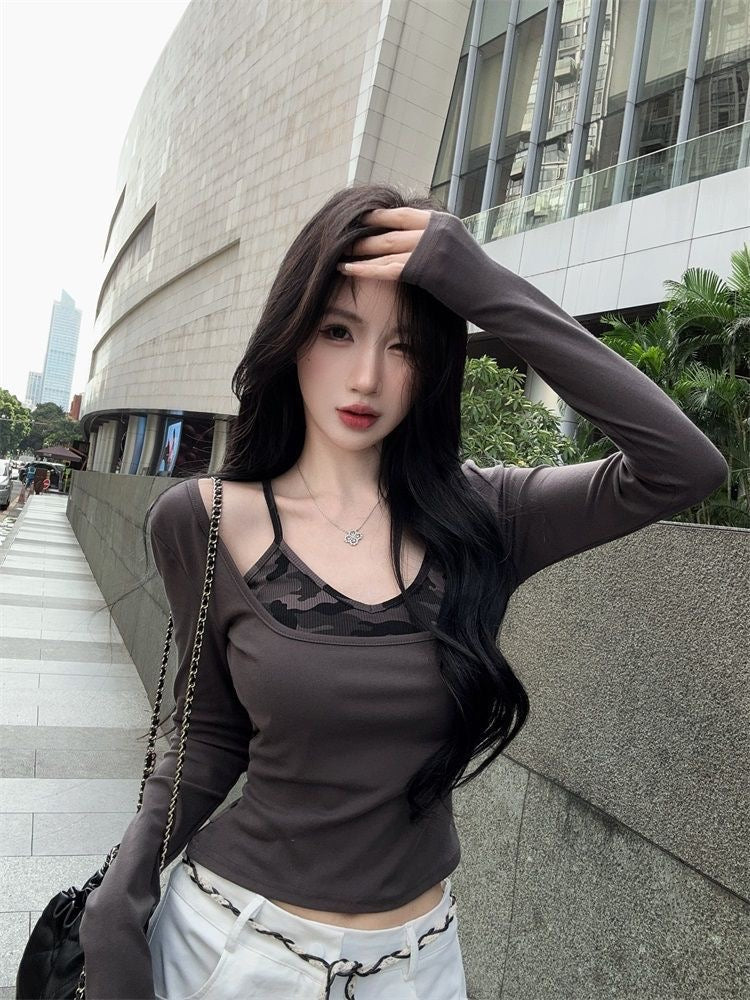Army Print Long Sleeve Green/Grey Top