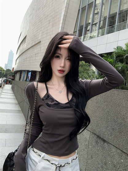 Army Print Long Sleeve Green/Grey Top