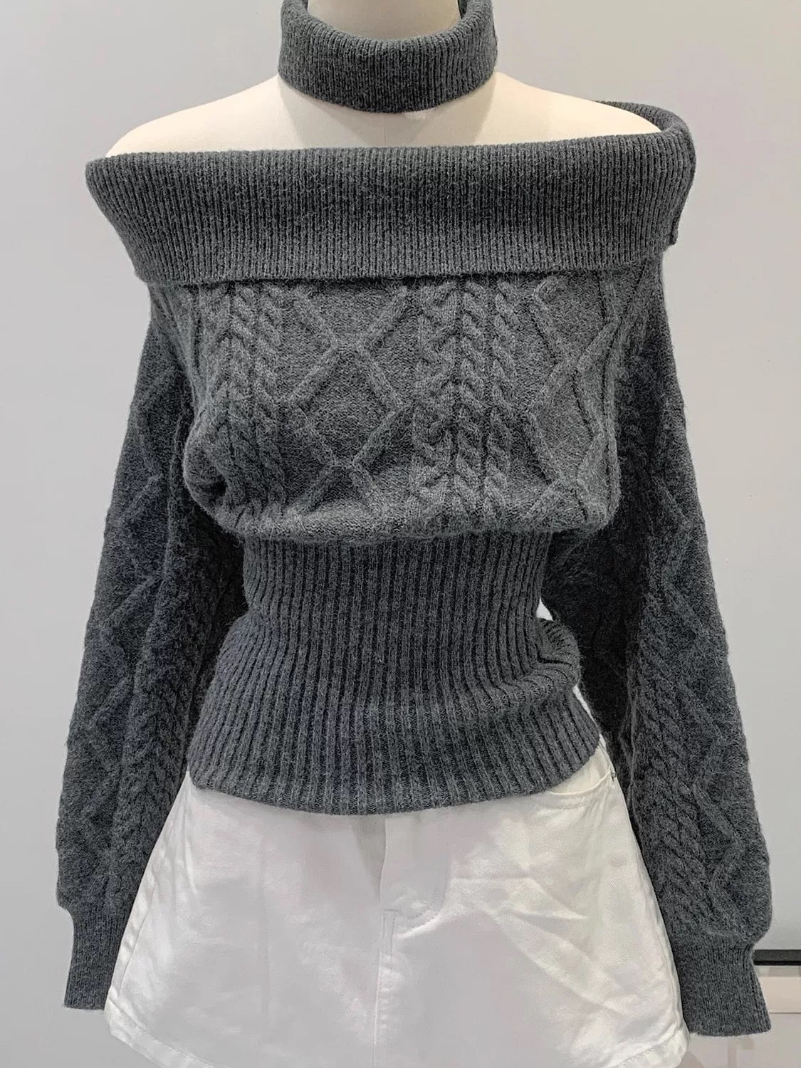 Multi Wear Off Shoulder Long Sleeve Crop Knitted Top With Collar