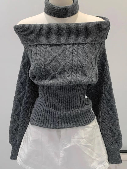 Multi Wear Off Shoulder Long Sleeve Crop Knitted Top With Collar