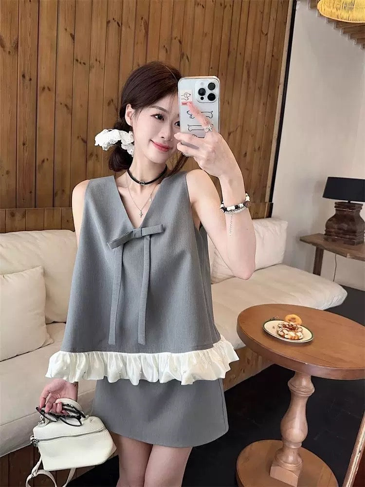 Elle Sleeveless Top + Skirt Two Piece Set (Grey, Black)