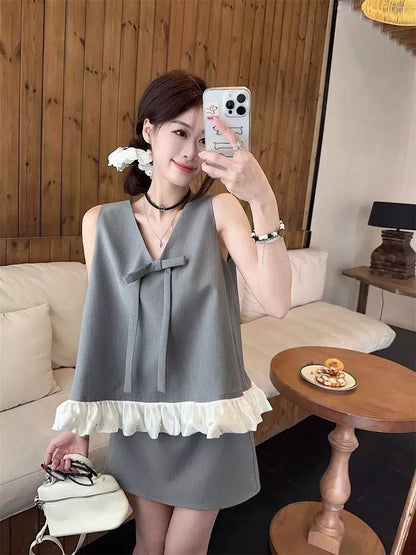 Elle Sleeveless Top + Skirt Two Piece Set (Grey, Black)