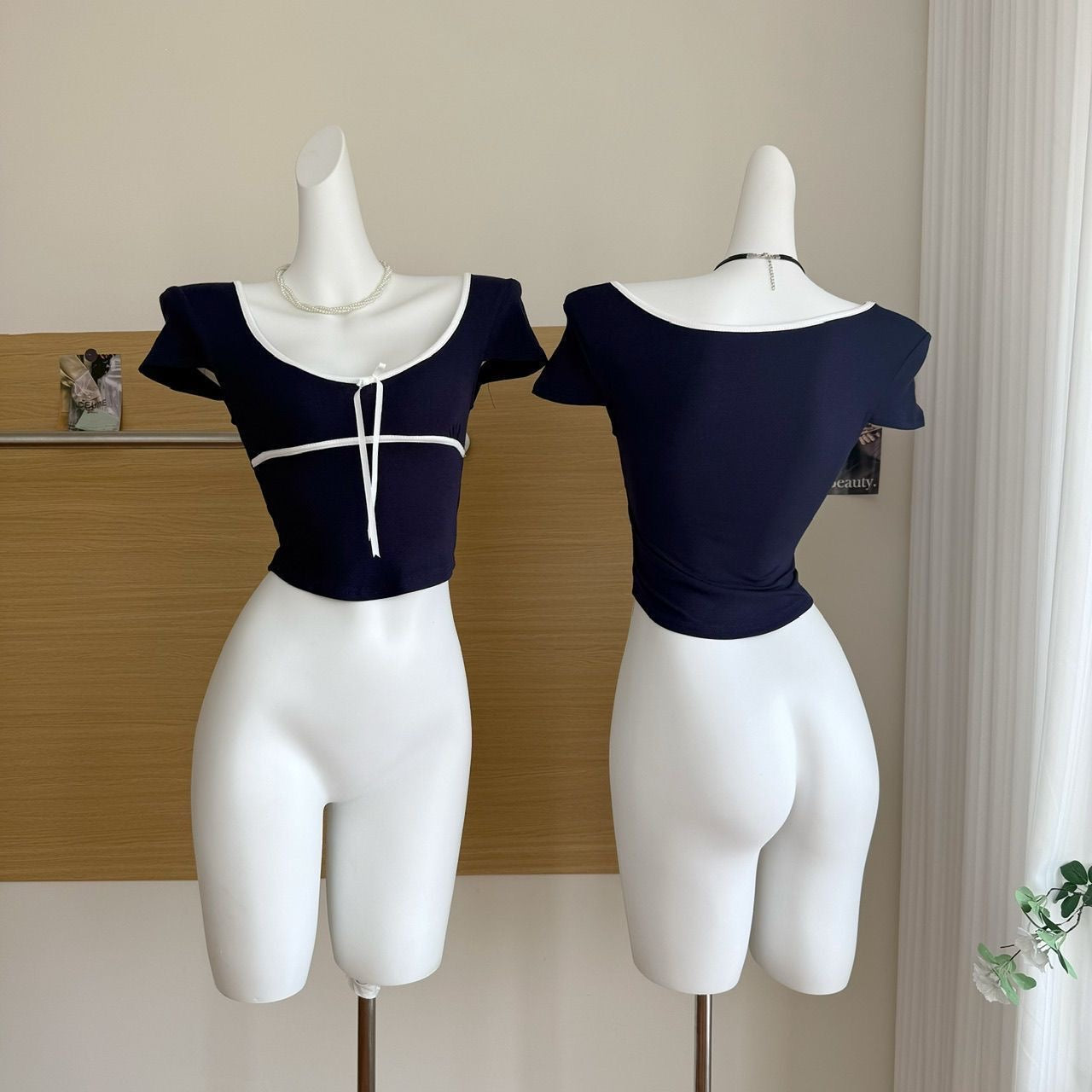Navy Deep V Crop Top