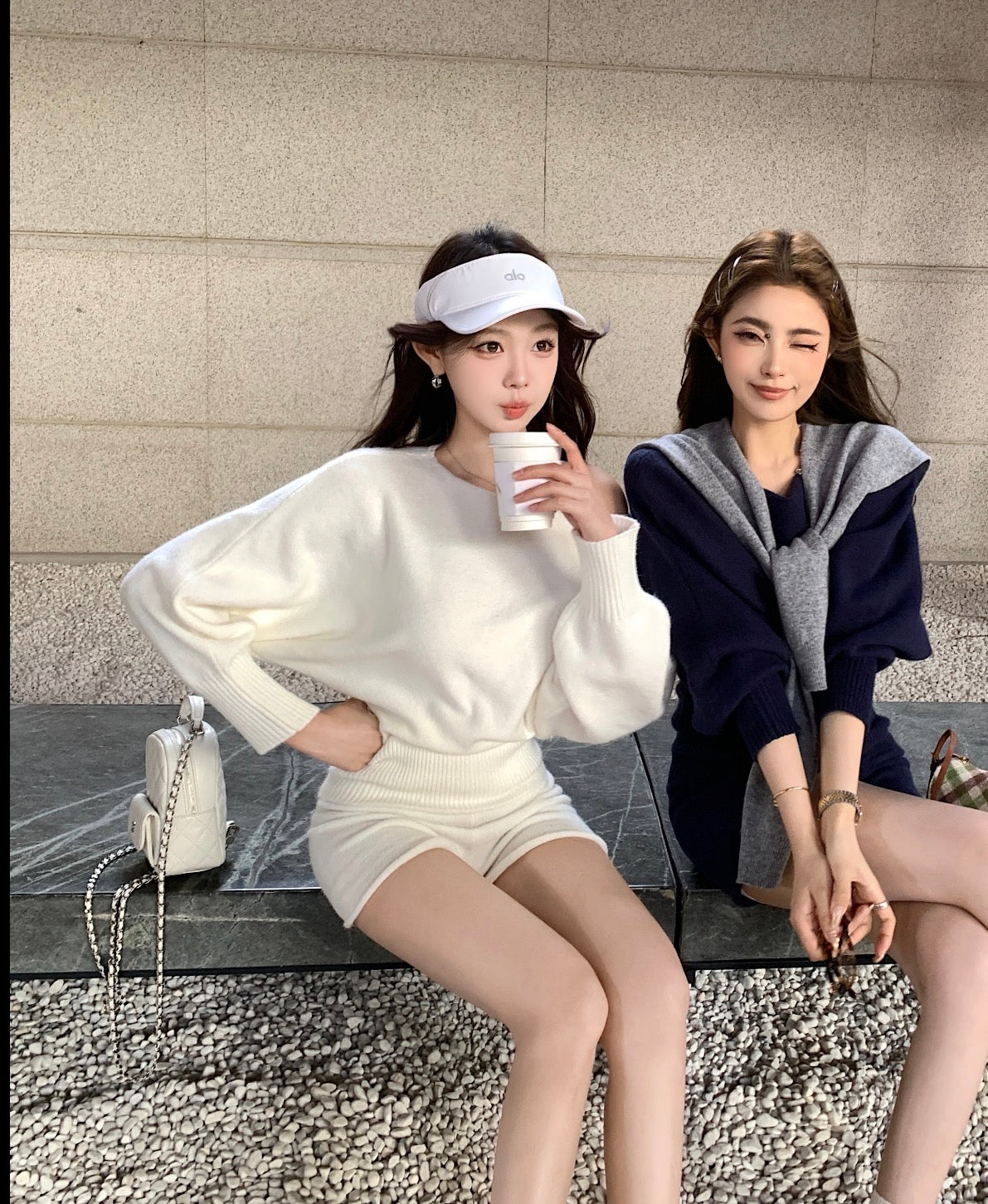 Cream Knitted Top + Shorts Two Piece Set