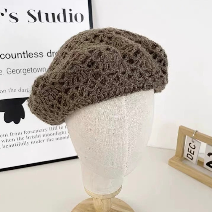 Brown Knitted Embroidery Beret Hat