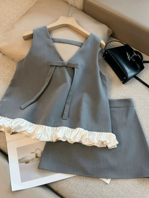 Elle Sleeveless Top + Skirt Two Piece Set (Grey, Black)