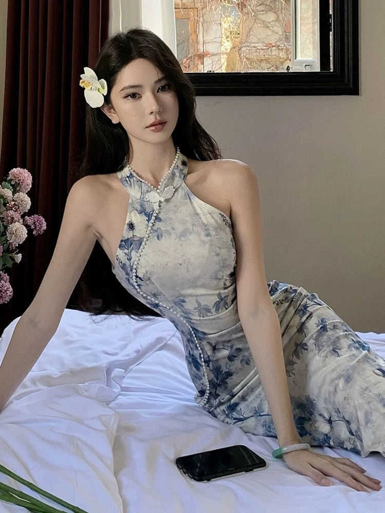 Blue Flo Cheongsam CD026 Long Dress (S, M, L)