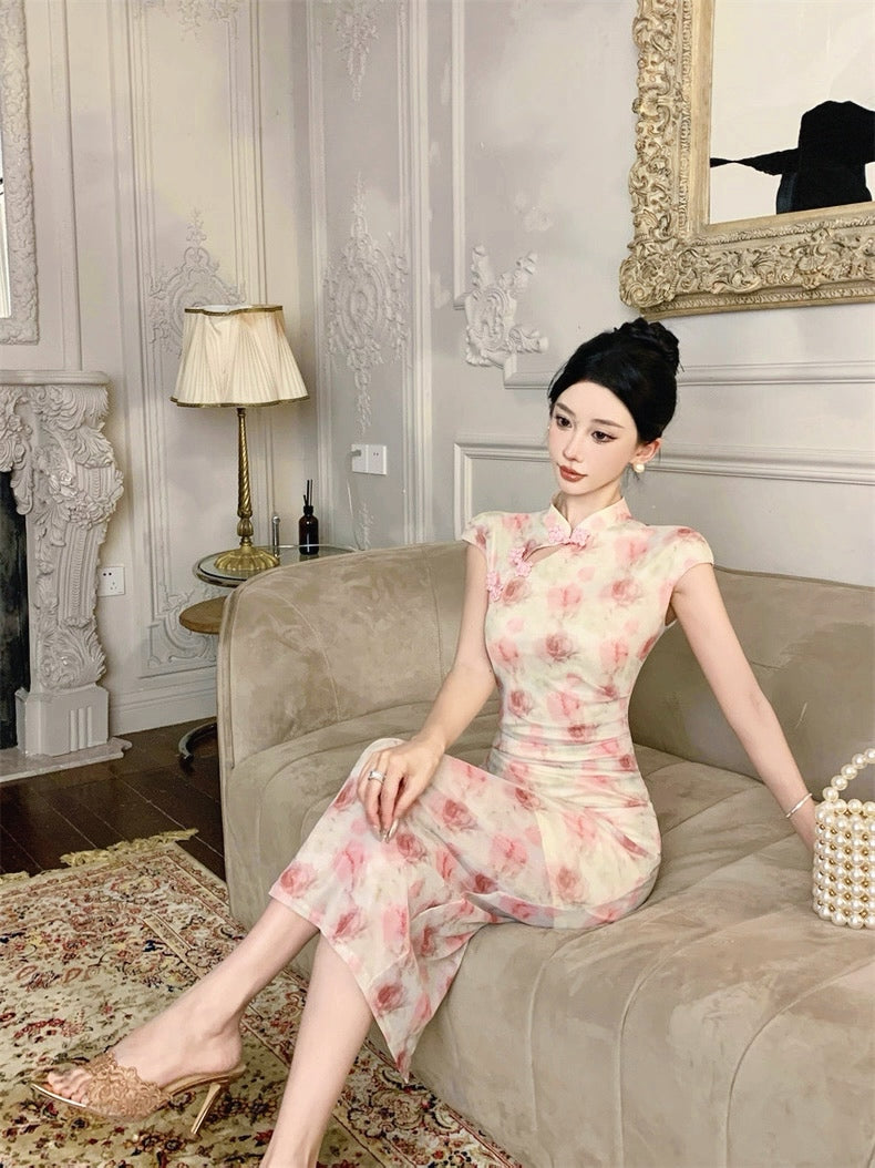 Pink Rose Beige Cheongsam CD020 Long Dress (S)