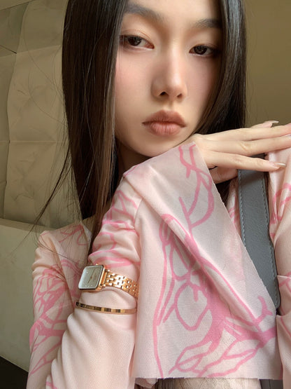 Pink Long Sleeve Mesh Top