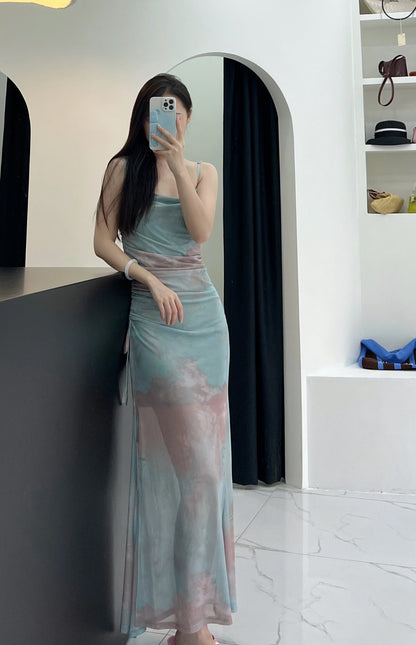 Mesh Side Tie Strap Long Dress (Pink, Blue, Grey)