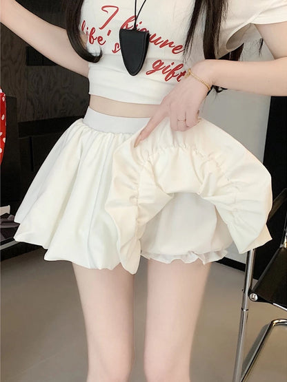 High Waist Lantern Puff Skort Skirt SK11 (Black, White)