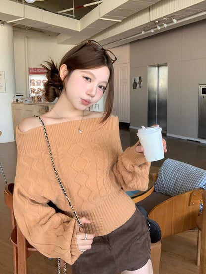 Multi Wear Off Shoulder Long Sleeve Crop Knitted Top With Collar