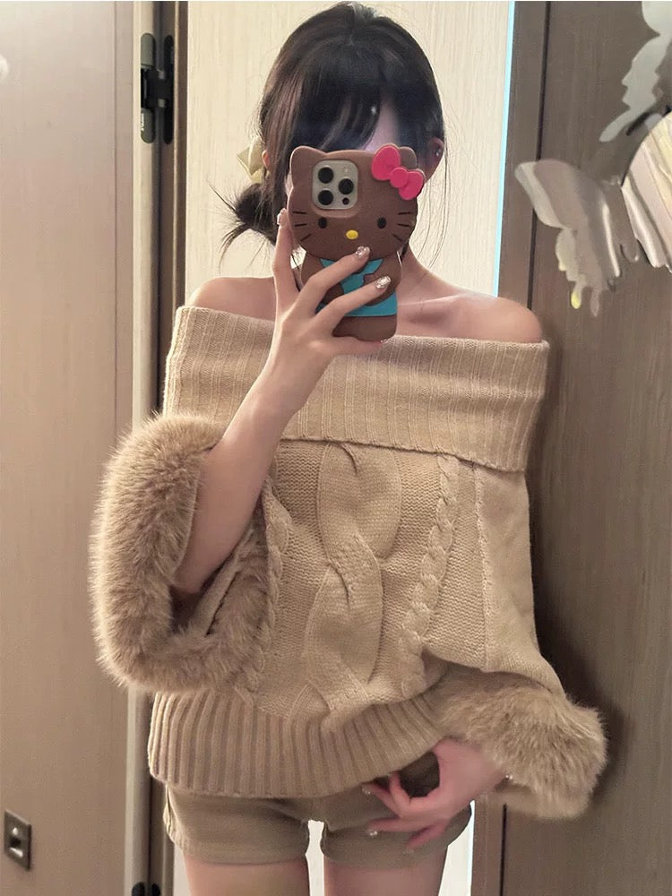 Fur Sleeve Multi Wear Collar Knitted Top (Cream, Brown)