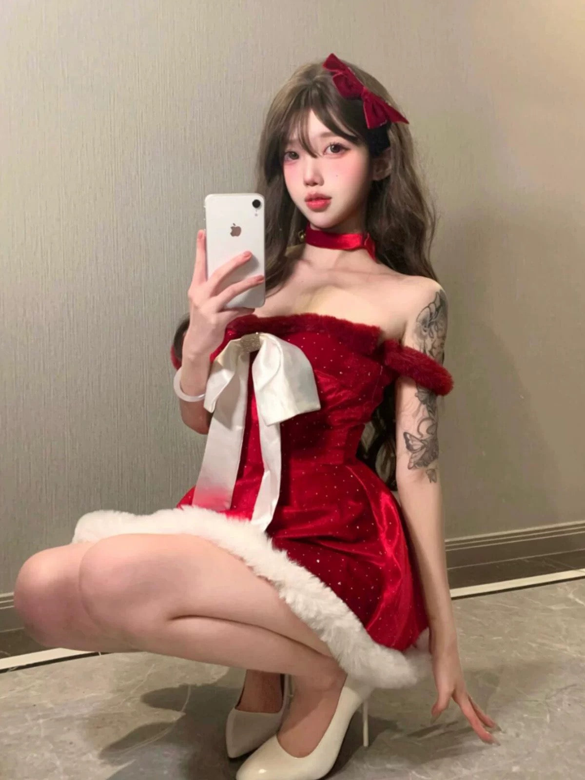 Christmas Off Shoulder Long Sleeve Dress + Collar + Hair Clip Set C006