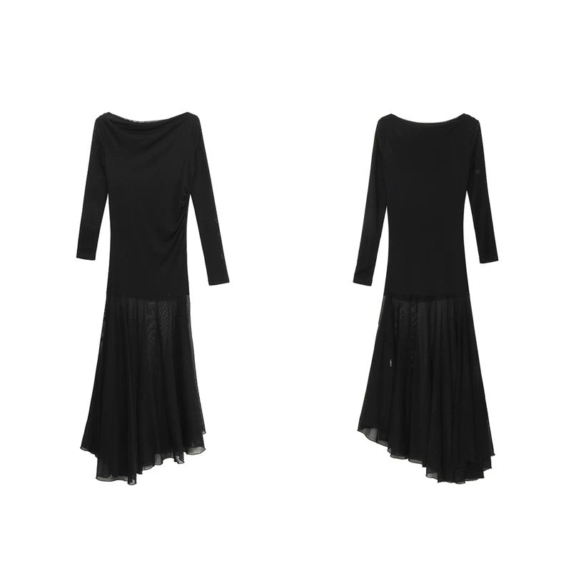 Off Shoulder Mix Mesh Long Sleeve Long Dress