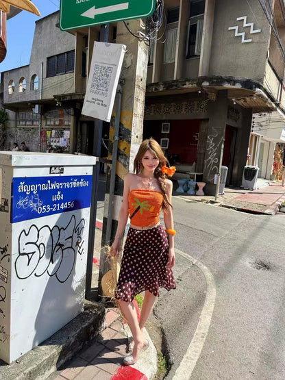 Orange Top + Brown Polka Dot Skirt Two Piece Set