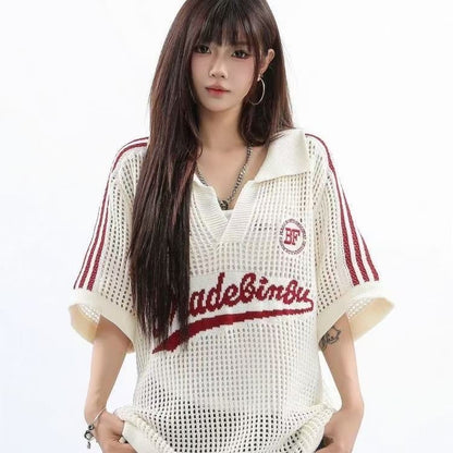 Knitted Ball Top (Cream White, Blue)