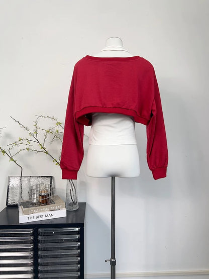 Wine Red Long Sleeve Crop Top+White Inner Top