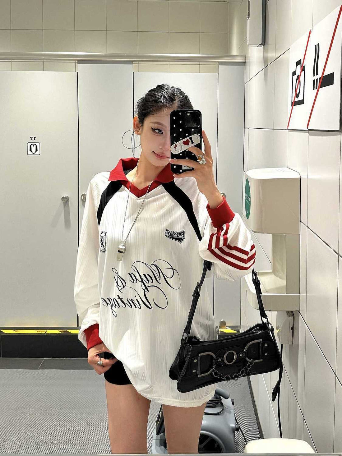 No93 Red Collar White Long Sleeve Ball Top