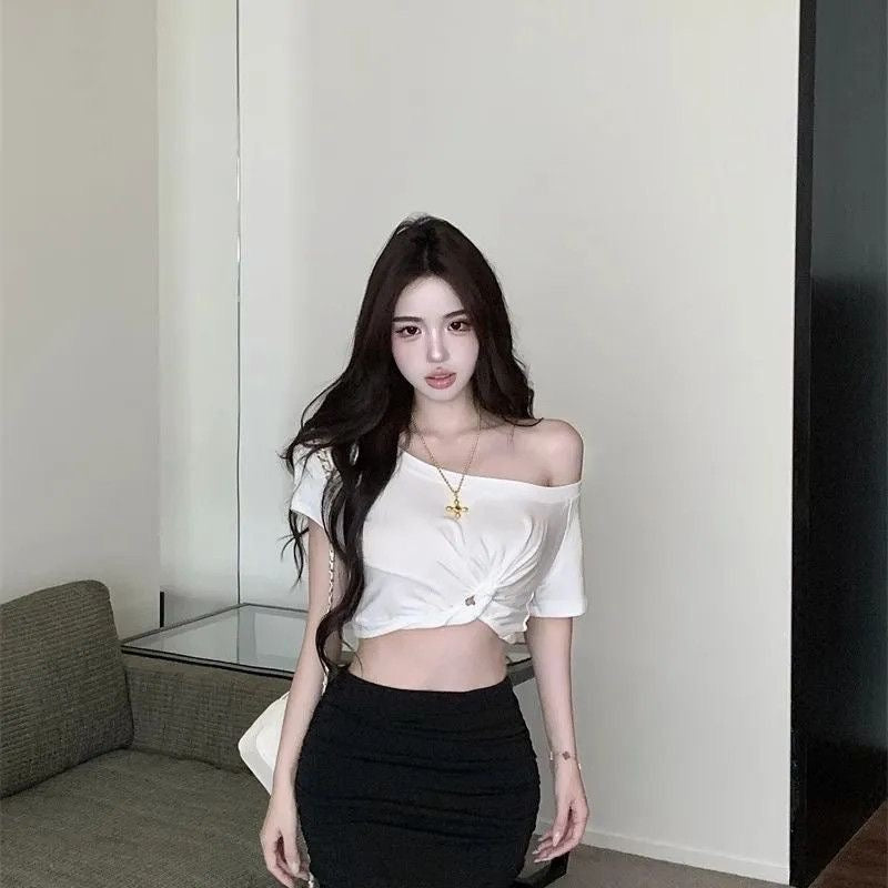 Basic Off Side Shoulder Crop Top (White, Grey, Black)