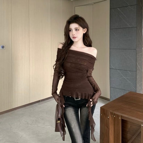 Off Shoulder Long Sleeve Brown Mesh Top