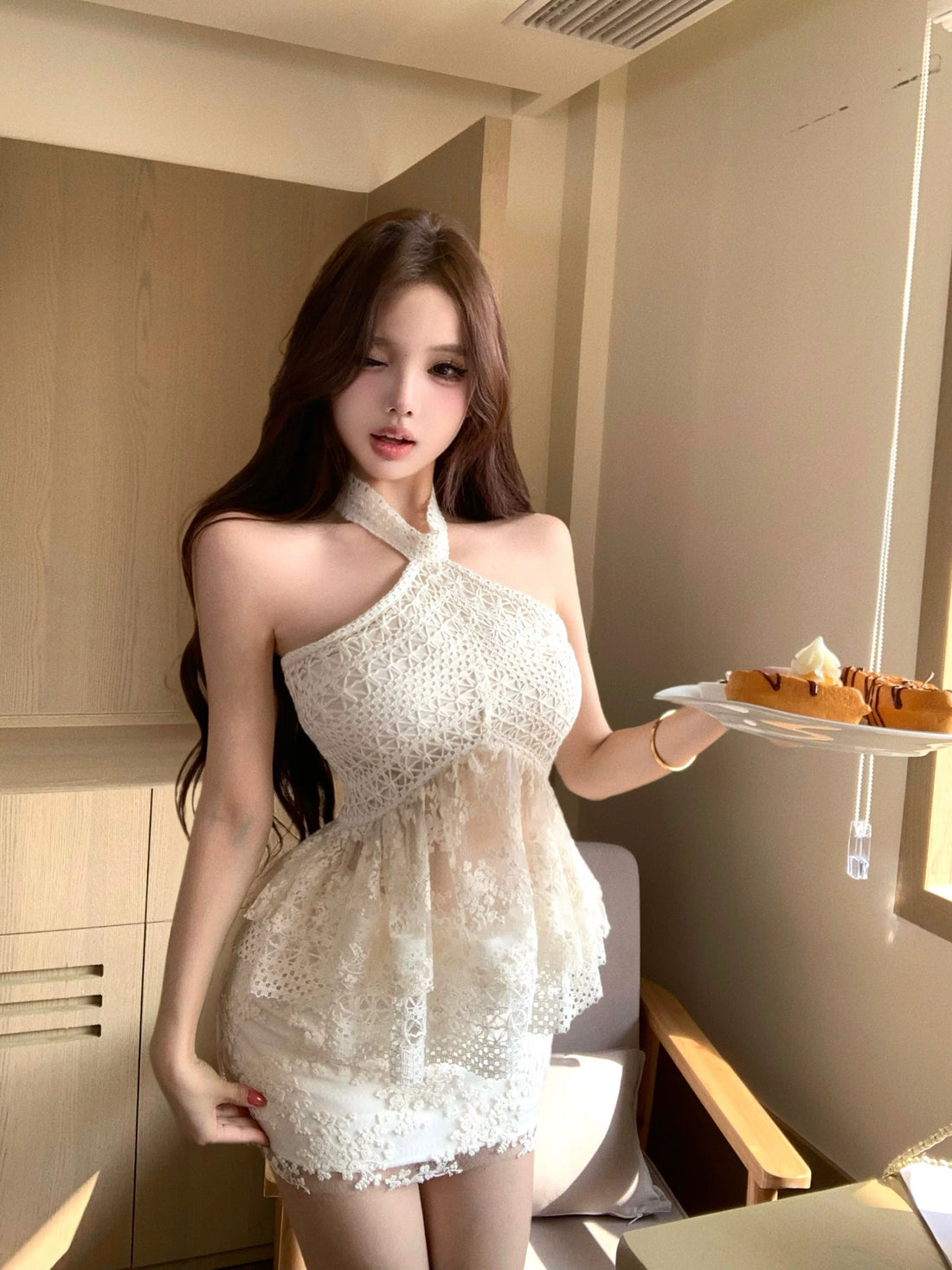 Embroidery Beige Top + Skirt Two Piece Set(XS, S, M)