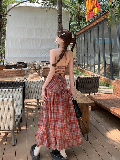 Grid Red Long Dress