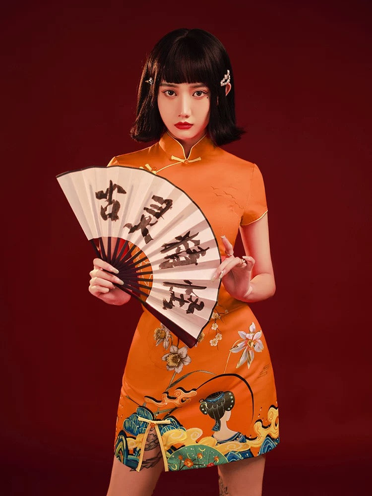 orange chinese dress 'Qionghua'Orange Cheongsam Trailing Bridal Wedding Dress Chinese Wedding Dress