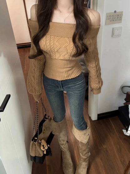Multi Wear Off Shoulder Long Sleeve Crop Knitted Top With Collar