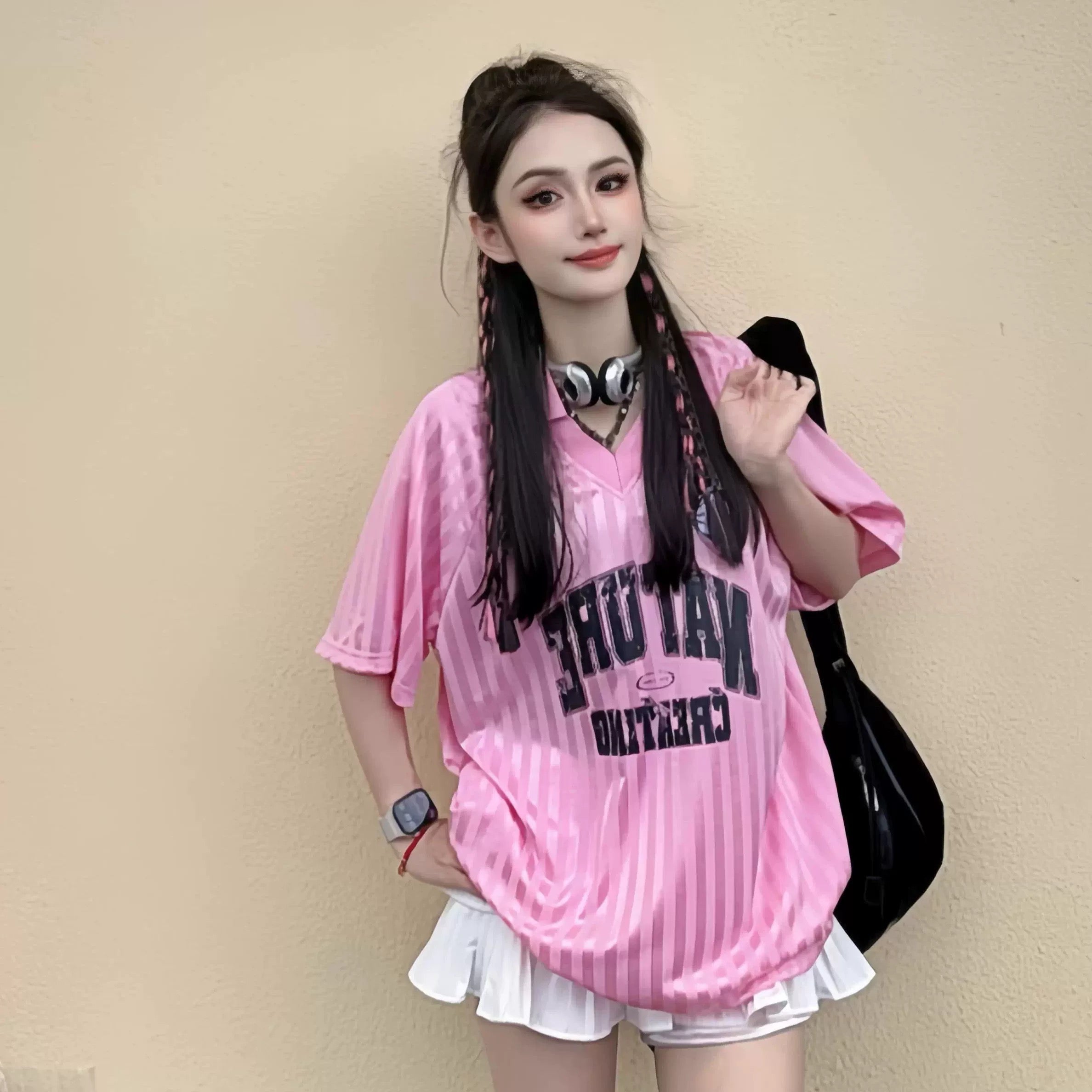 Collar Stripe Ball Tee Top (White, Pink)