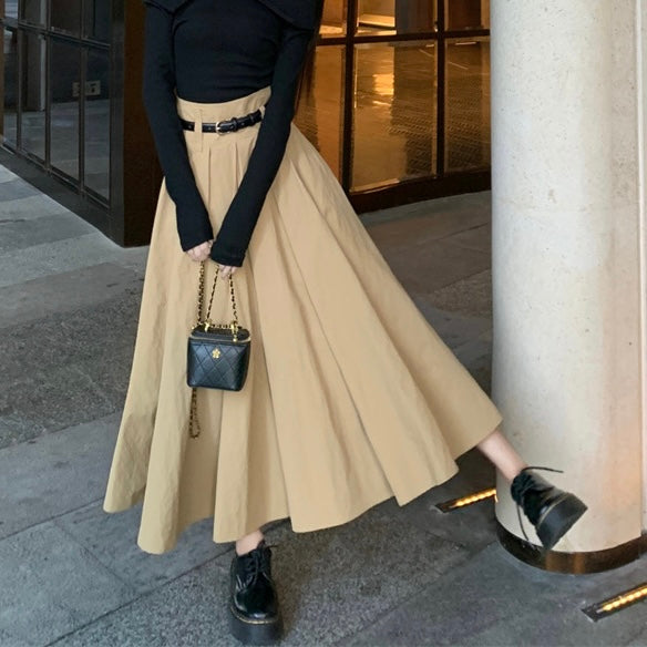 Brown High Waist Long Skirt With Belt