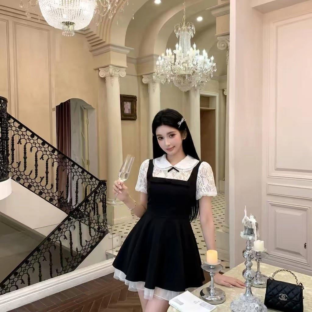 Uni White Puff Sleeve Black Dress