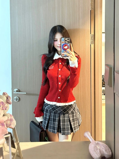 Cute Collar Red Long Sleeve Knitted Top