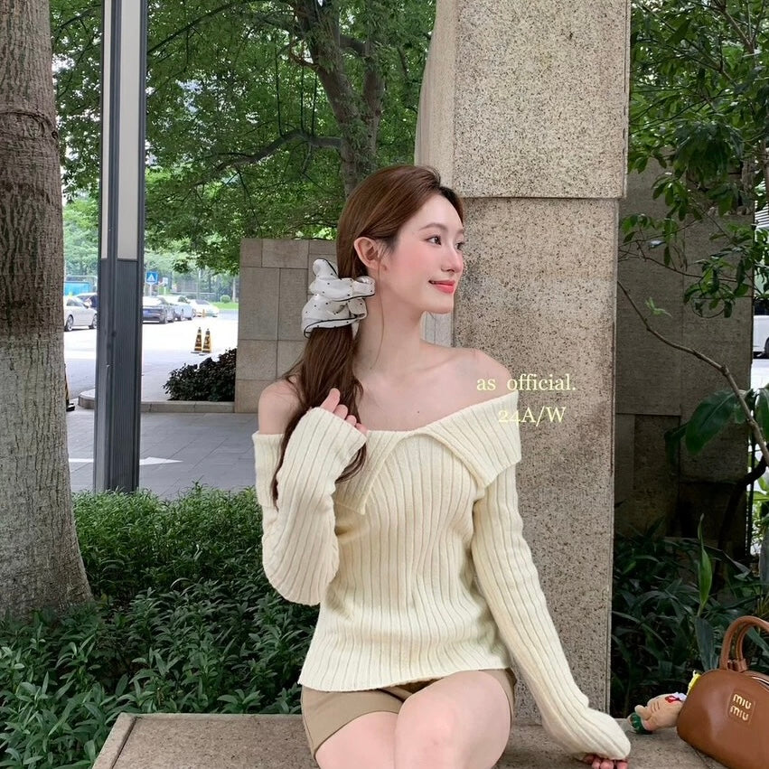 V Collar Knitted Long Sleeve Top (Pink, Beige)