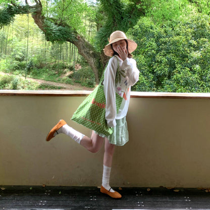 White Top + Green Skirt Two Piece Set