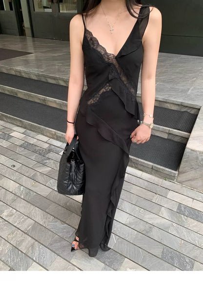 Side Flare Strap Mix Lace Long Dress (Yellow, Black)